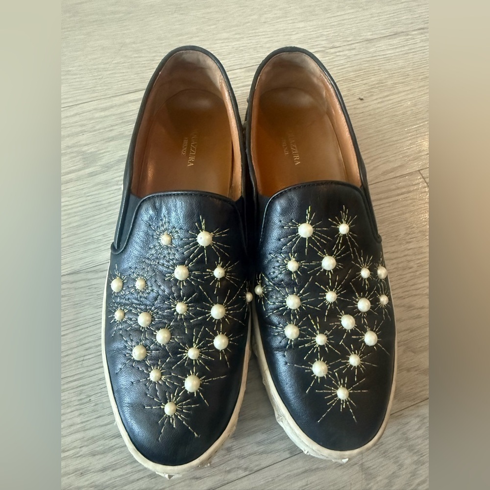 Aquazzura Cosmic Embellished Embroidered Leather Slip-On Sneakers Women’s Siz 37